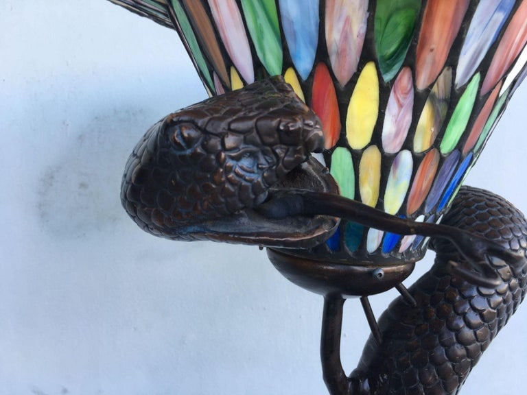 Edgar Brandt Style Bronze Snake Floor Lamp W/ Stained Glass Shade, 2 Available - 6
