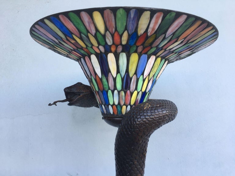 Edgar Brandt Style Bronze Snake Floor Lamp W/ Stained Glass Shade, 2 Available - 7