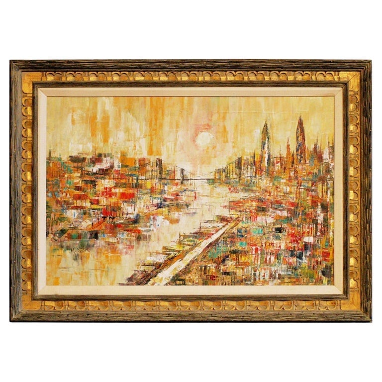 Mid-Century Modern Oil on Canvas Cityscape by M. Dick - 2