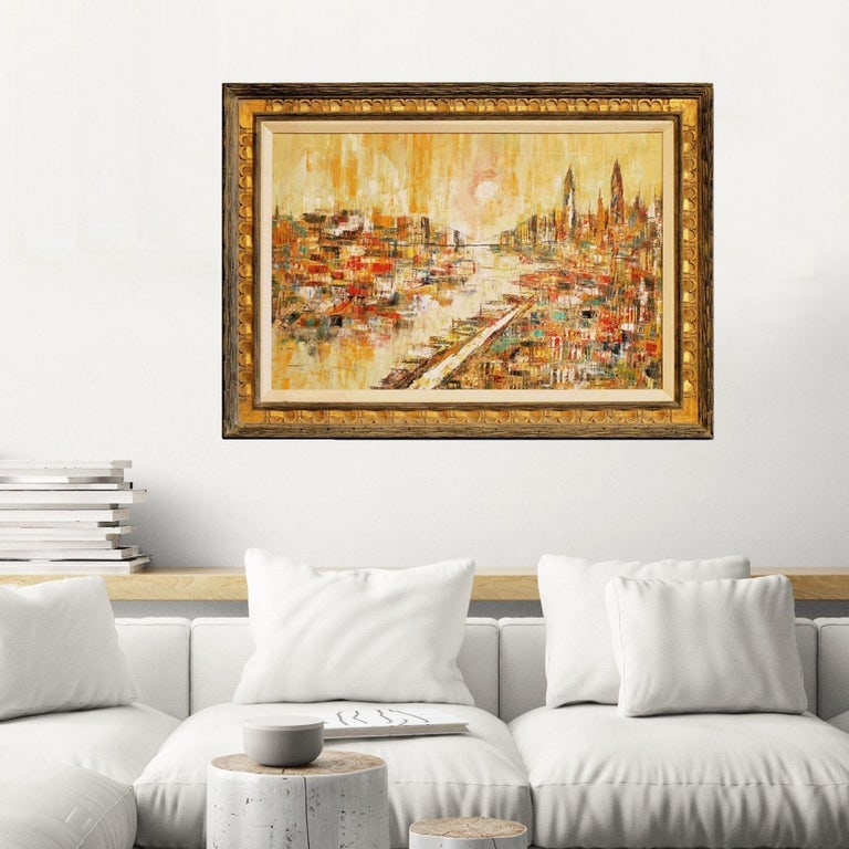 Mid-Century Modern Oil on Canvas Cityscape by M. Dick - 6
