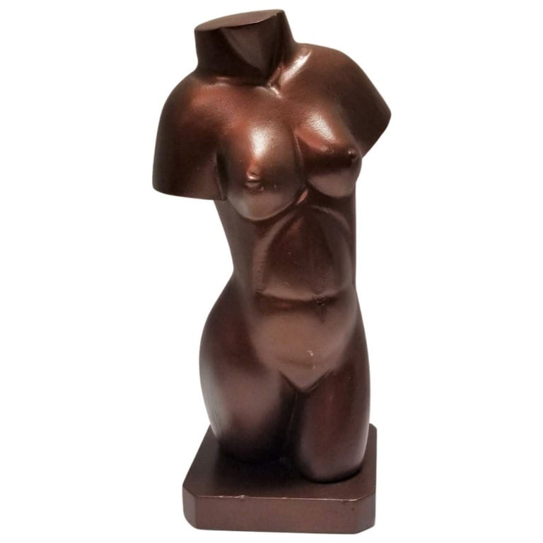 Midcentury Female Nude Figure Bust Wood Carving in Bronze Finish - 2