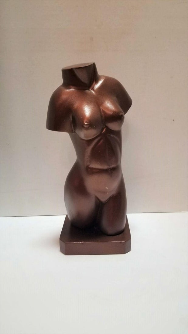 Midcentury Female Nude Figure Bust Wood Carving in Bronze Finish - 3