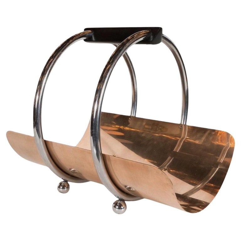 Art Deco Fireplace Log Holder Chrome and Copper by Leslie Beaton for Revere - 2