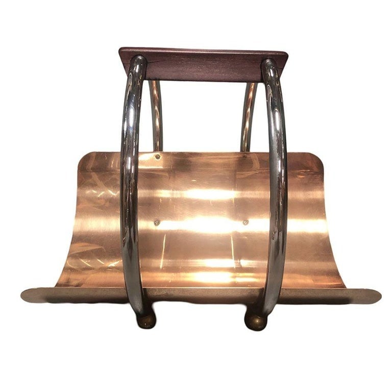 Art Deco Fireplace Log Holder Chrome and Copper by Leslie Beaton for Revere - 6