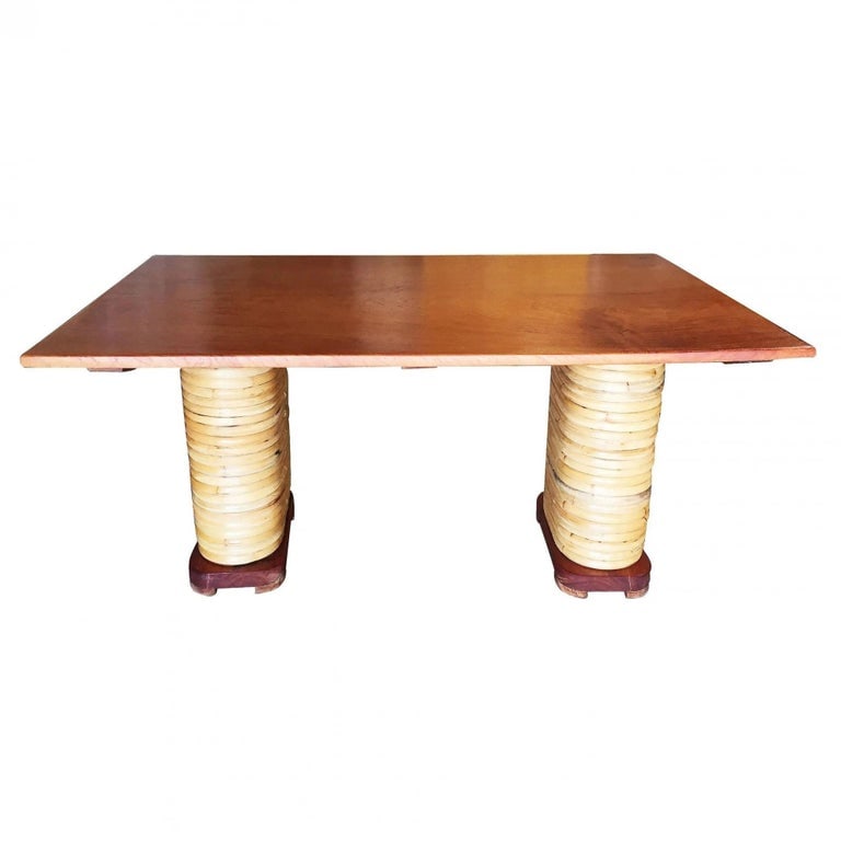 Restored Stacked Rattan Double Mahogany Pedestal Dining Table - 3