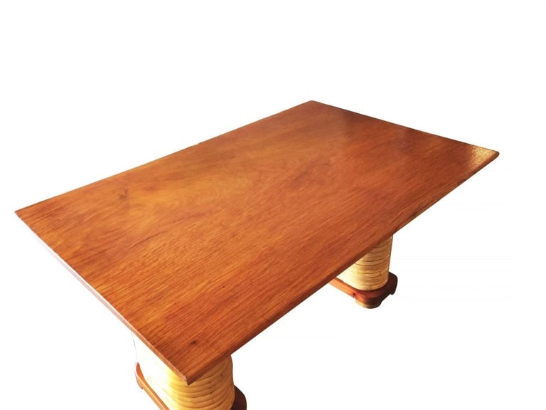 Restored Stacked Rattan Double Mahogany Pedestal Dining Table - 4