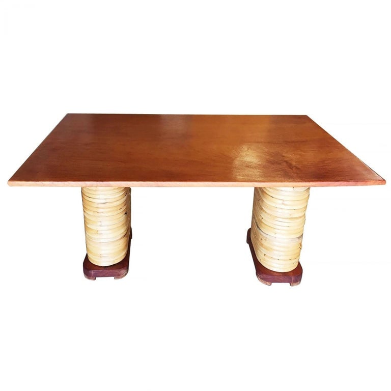 Restored Stacked Rattan Double Mahogany Pedestal Dining Table - 5