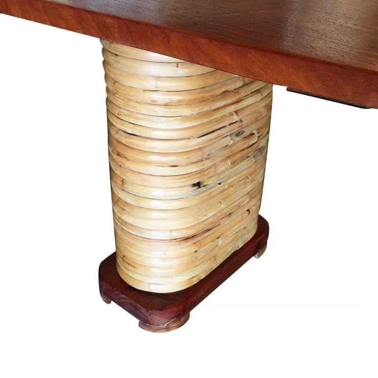 Restored Stacked Rattan Double Mahogany Pedestal Dining Table - 6