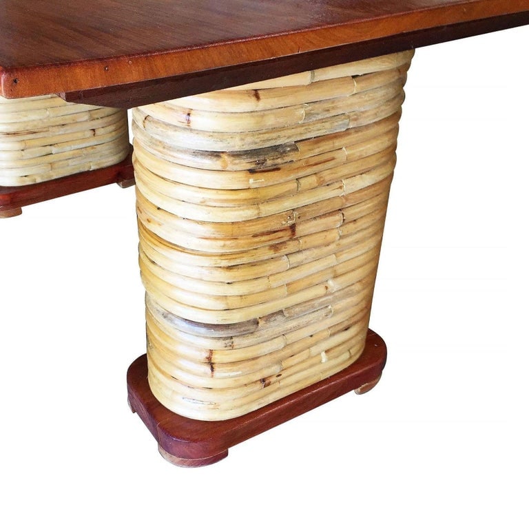 Restored Stacked Rattan Double Mahogany Pedestal Dining Table - 8