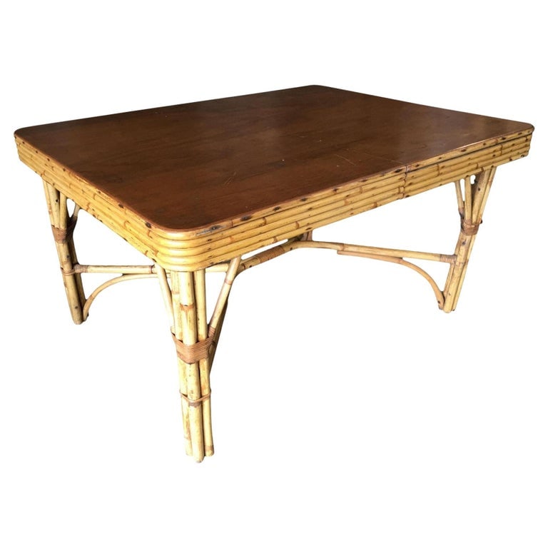 Restored Six Person Rattan Dining Table W/ Stacked Mahogany Top - 2