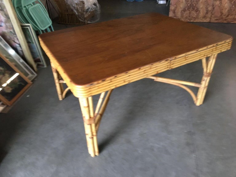 Restored Six Person Rattan Dining Table W/ Stacked Mahogany Top - 3