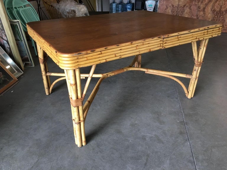 Restored Six Person Rattan Dining Table W/ Stacked Mahogany Top - 4