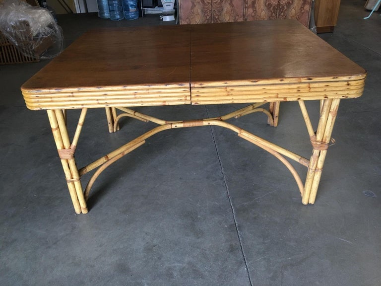Restored Six Person Rattan Dining Table W/ Stacked Mahogany Top - 5