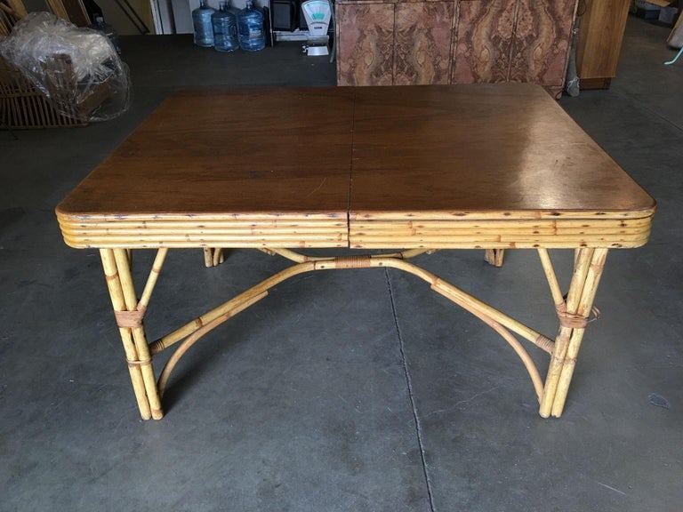 Restored Six Person Rattan Dining Table W/ Stacked Mahogany Top - 6