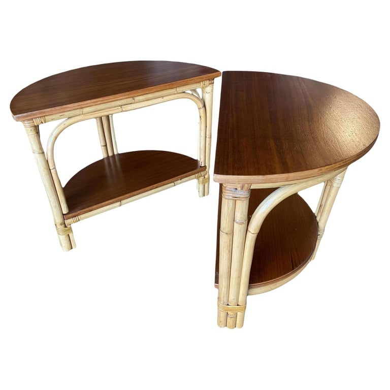 Restored "Half-Round" Side Rattan Coffee Table Pair with Solid Mahogany Top - 2