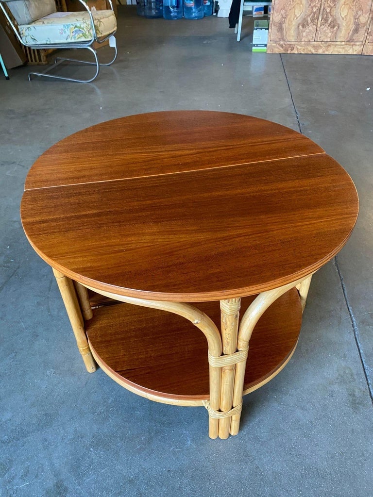 Restored "Half-Round" Side Rattan Coffee Table Pair with Solid Mahogany Top - 3