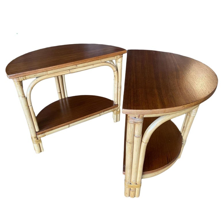 Restored "Half-Round" Side Rattan Coffee Table Pair with Solid Mahogany Top - 6