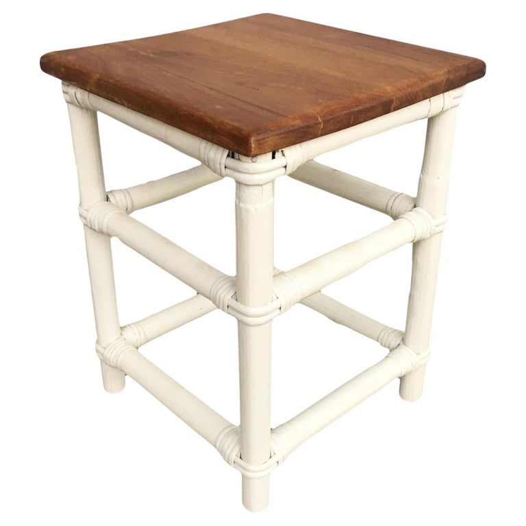 Restored White Rattan Cocktail Side Table W/ Mahogany Top (1 of 6)
