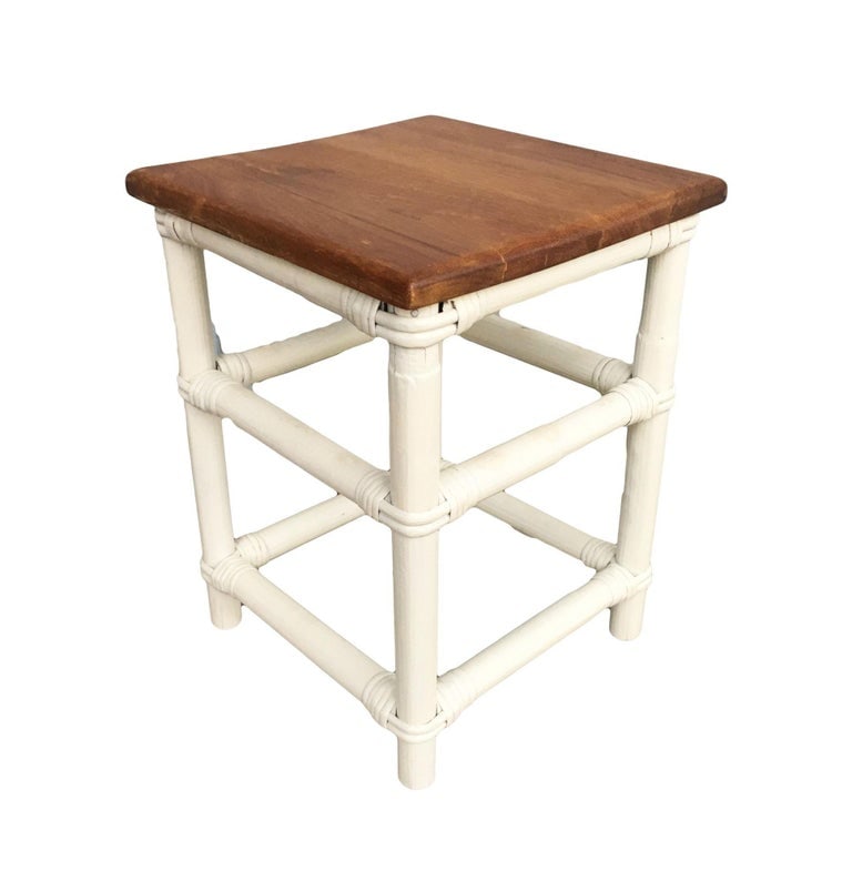 Restored White Rattan Cocktail Side Table W/ Mahogany Top - 6