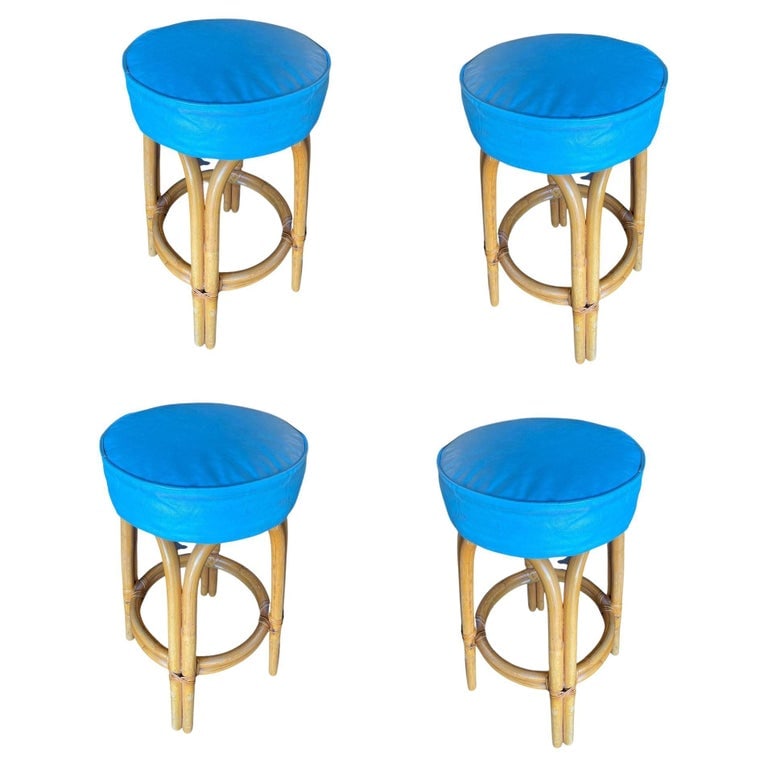 Restored Single Stand Arched Rattan Bar Stool w/ Teal Green Seat, Set of Four - 2