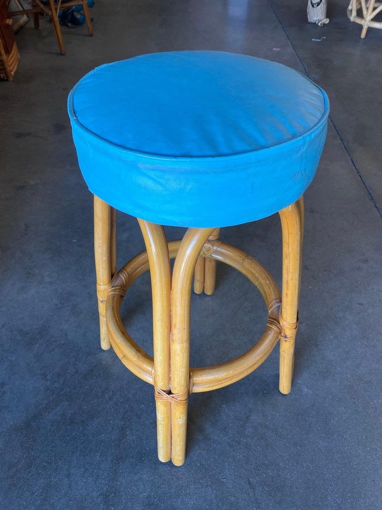 Restored Single Stand Arched Rattan Bar Stool w/ Teal Green Seat, Set of Four - 4