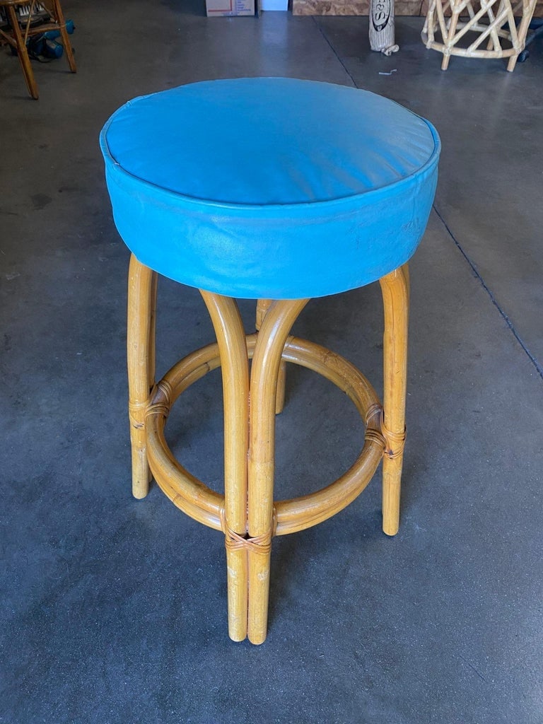 Restored Single Stand Arched Rattan Bar Stool w/ Teal Green Seat, Set of Four - 5