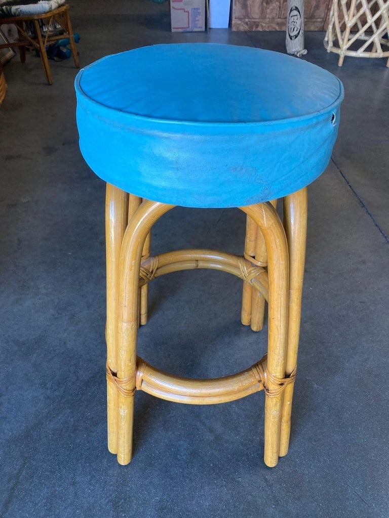 Restored Single Stand Arched Rattan Bar Stool w/ Teal Green Seat, Set of Four - 6