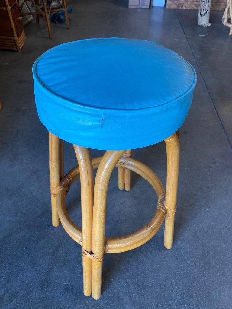 Restored Single Stand Arched Rattan Bar Stool w/ Teal Green Seat, Set of Four - 7