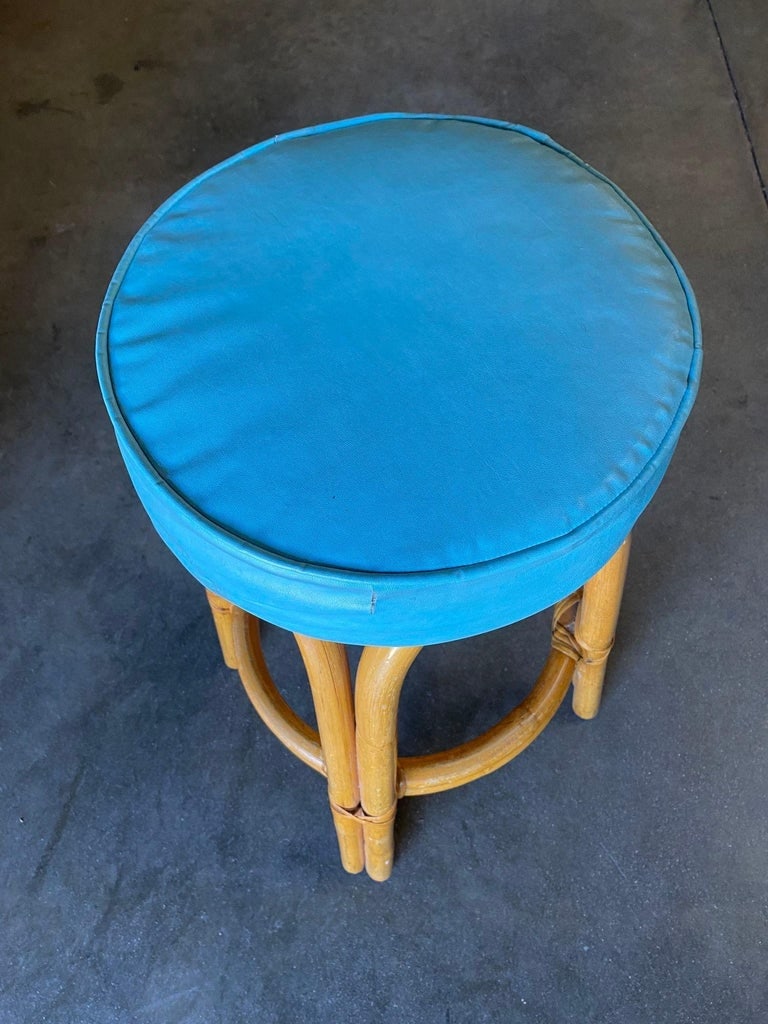 Restored Single Stand Arched Rattan Bar Stool w/ Teal Green Seat, Set of Four - 8