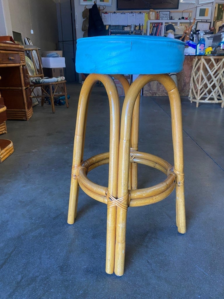 Restored Single Stand Arched Rattan Bar Stool w/ Teal Green Seat, Set of Four - 9