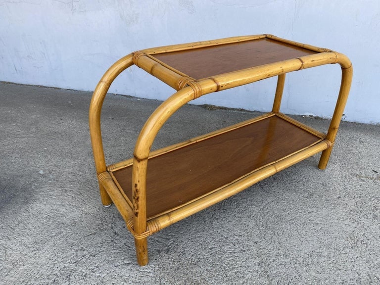 Restored 1950s Boho Two-Tier "Arch" Rattan & Mahogany Side Table - 10