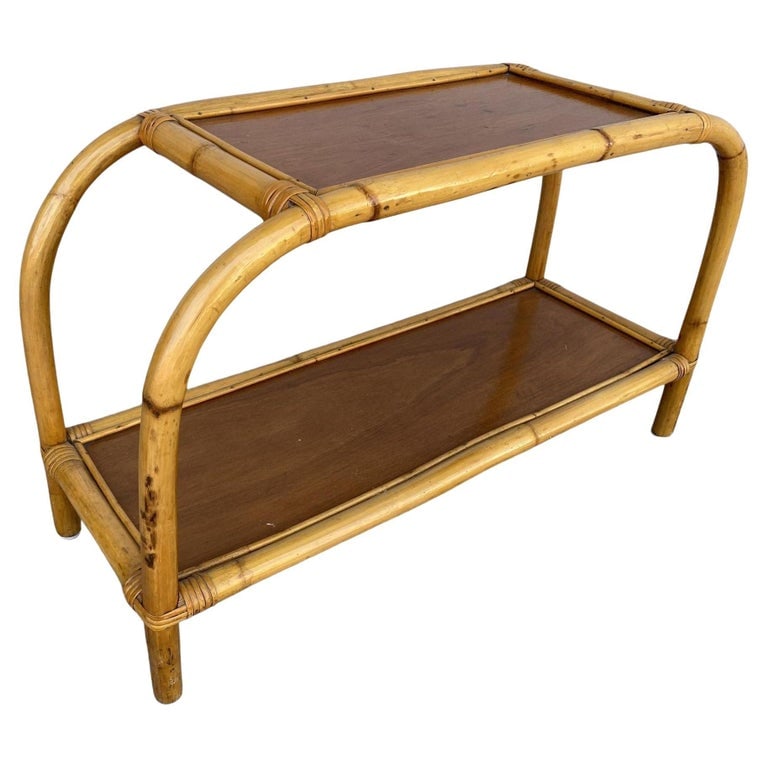Restored 1950s Boho Two-Tier "Arch" Rattan & Mahogany Side Table (1 of 10)