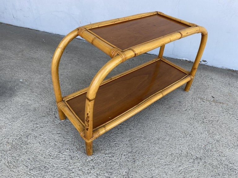 Restored 1950s Boho Two-Tier "Arch" Rattan & Mahogany Side Table - 3