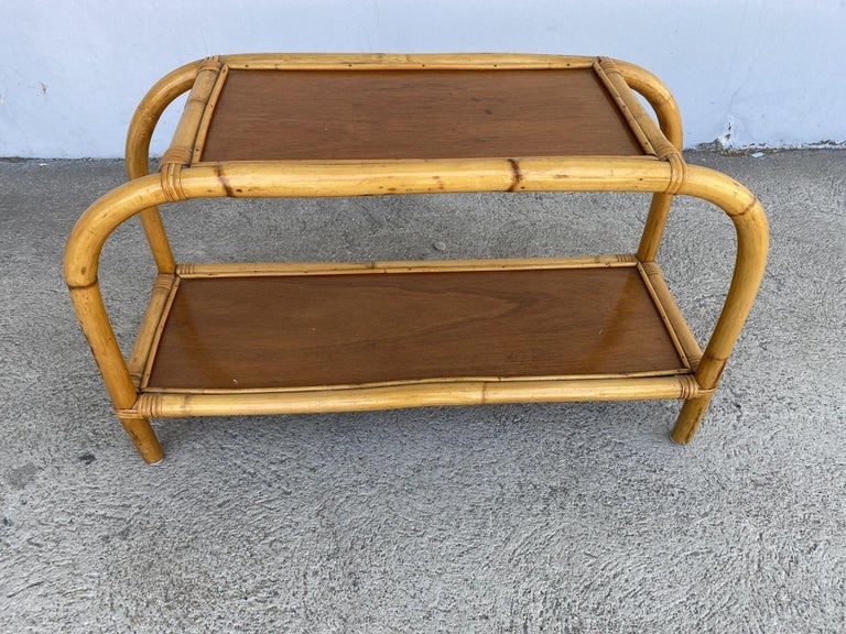 Restored 1950s Boho Two-Tier "Arch" Rattan & Mahogany Side Table - 4