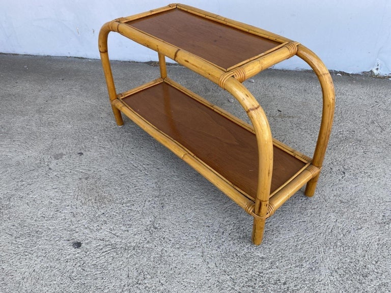 Restored 1950s Boho Two-Tier "Arch" Rattan & Mahogany Side Table - 5