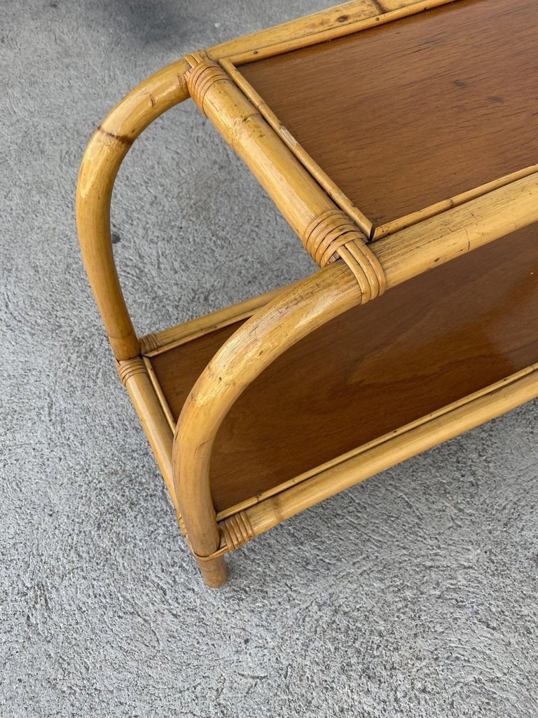 Restored 1950s Boho Two-Tier "Arch" Rattan & Mahogany Side Table - 9
