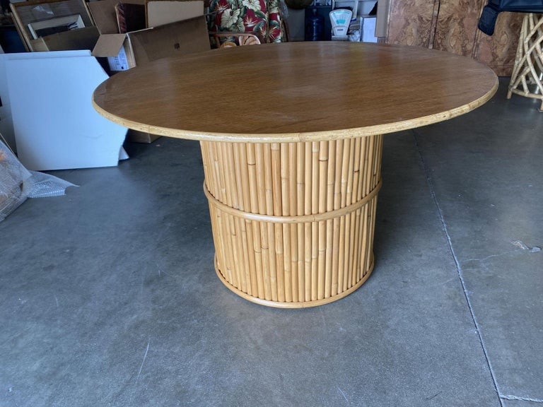 Restored Round Stacked Rattan Pedestal Dining Table Mahogany Top - 5
