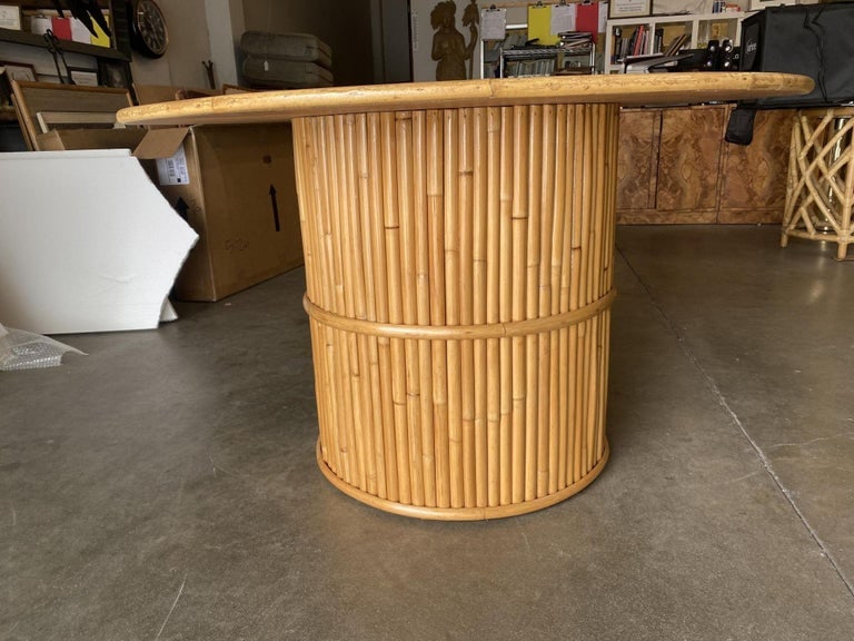 Restored Round Stacked Rattan Pedestal Dining Table Mahogany Top - 6