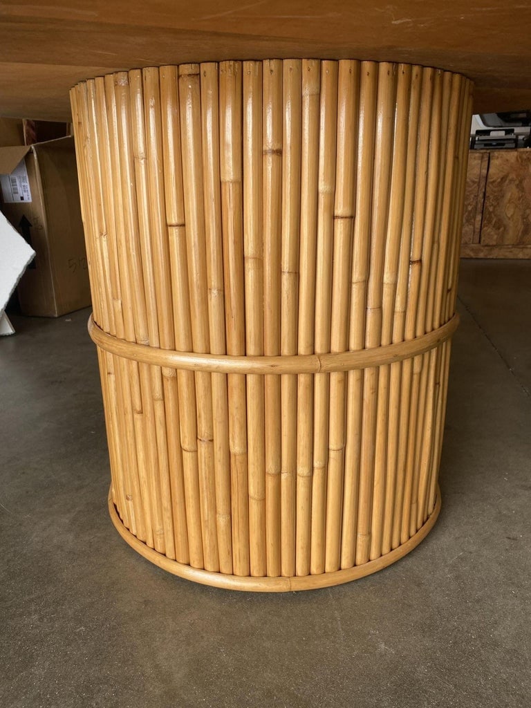 Restored Round Stacked Rattan Pedestal Dining Table Mahogany Top - 7