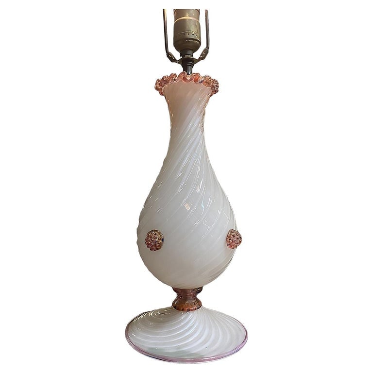 Pink Twist Barovier Murano Art Glass Table Lamp: Early midcentury pink Italian twist Barovier Murano art glass table lamp featuring a semi-translucent white twist shape with pink accents in the shape of decorative lace. 1950, Italy. Reserve: $1,170.