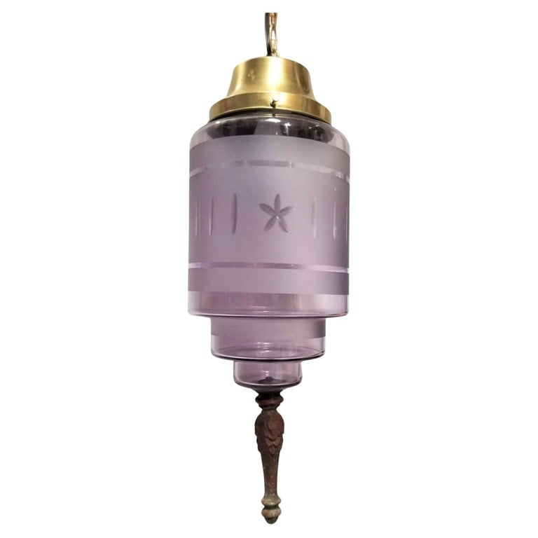 Hollywood Regency Hanging Pendant Light with Purple Etched Glass - 2