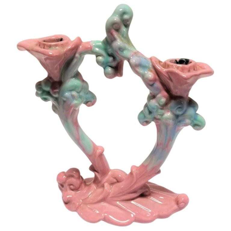 Royal Haeger Mauve Agate Pink/Blue Marble Glaze Twin Stalk Candlestick Holder (1 of 7)