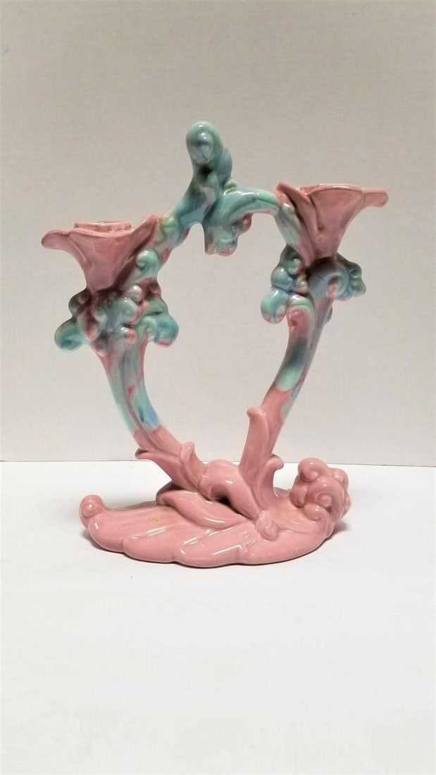 Royal Haeger Mauve Agate Pink/Blue Marble Glaze Twin Stalk Candlestick Holder - 3