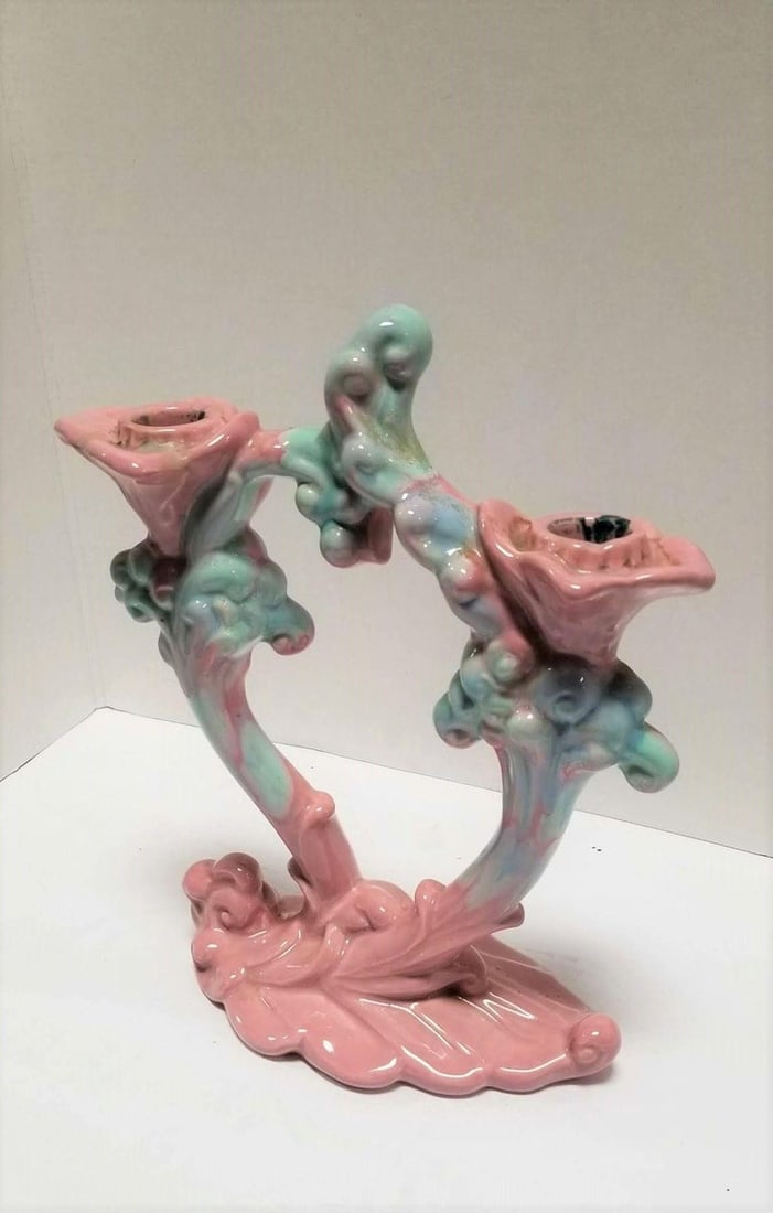Royal Haeger Mauve Agate Pink/Blue Marble Glaze Twin Stalk Candlestick Holder - 6