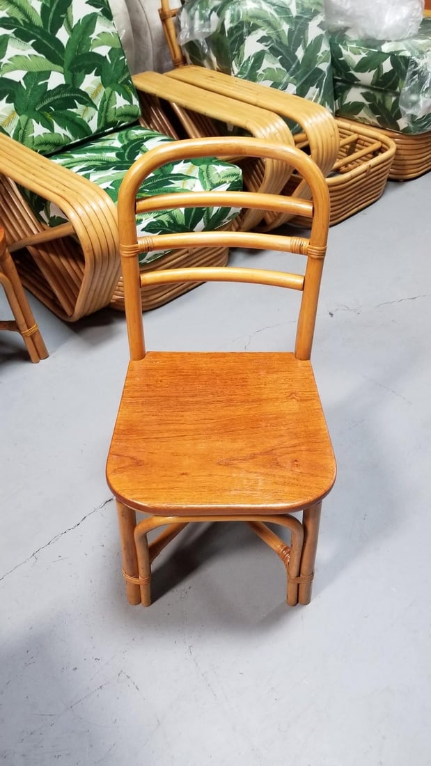 Restored Midcentury Rattan Dining Side Chair with Mahogany Seat, Set of Six - 10