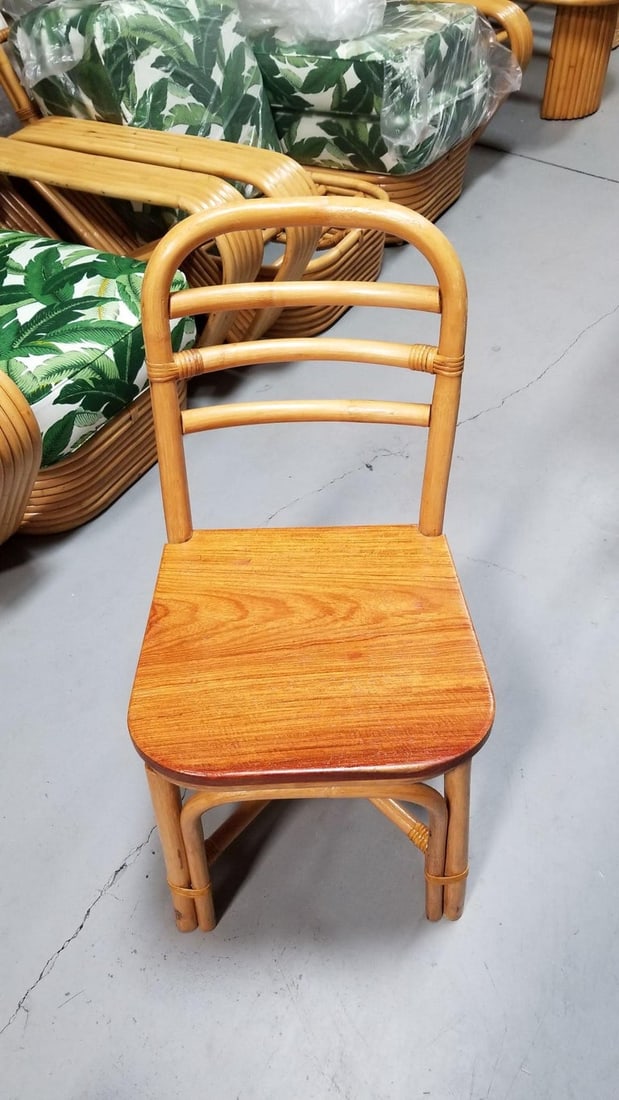 Restored Midcentury Rattan Dining Side Chair with Mahogany Seat, Set of Six - 11