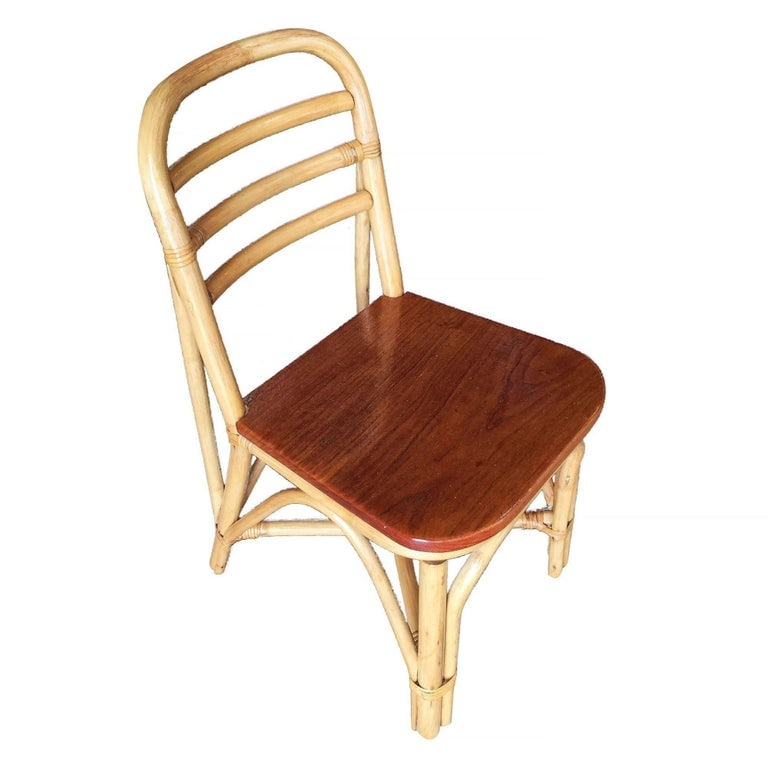 Restored Midcentury Rattan Dining Side Chair with Mahogany Seat, Set of Six - 3
