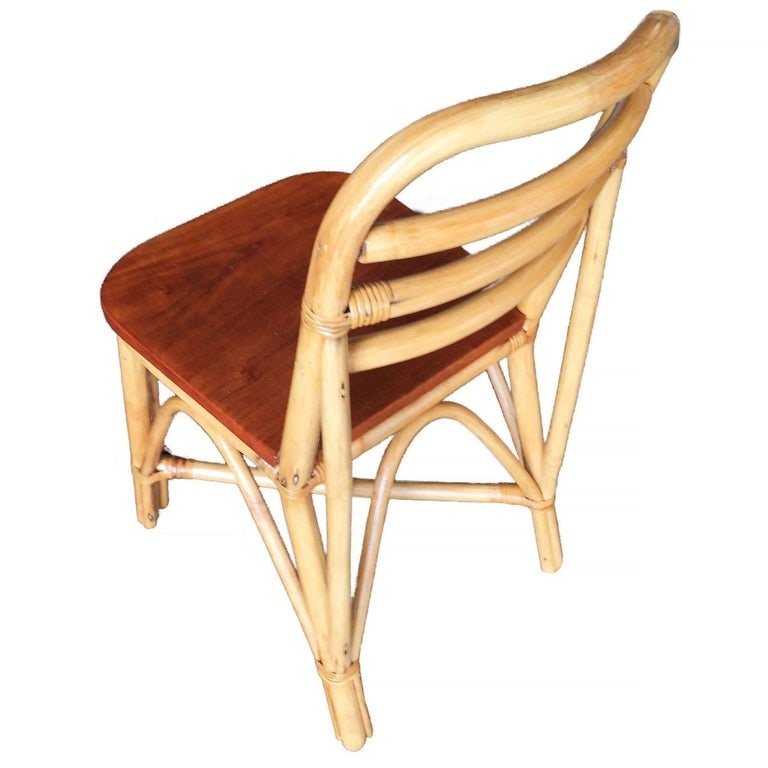 Restored Midcentury Rattan Dining Side Chair with Mahogany Seat, Set of Six - 4