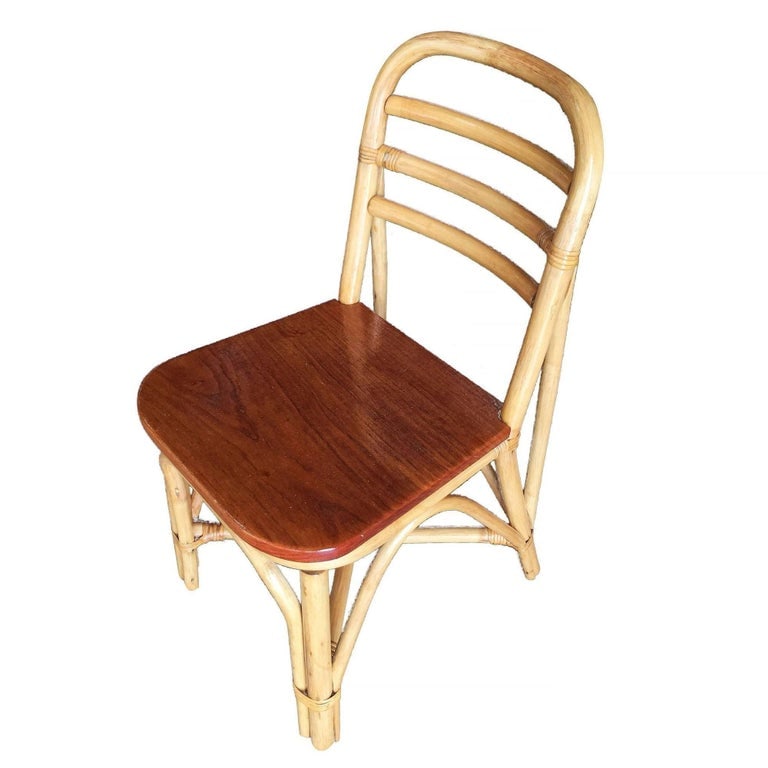 Restored Midcentury Rattan Dining Side Chair with Mahogany Seat, Set of Six - 5
