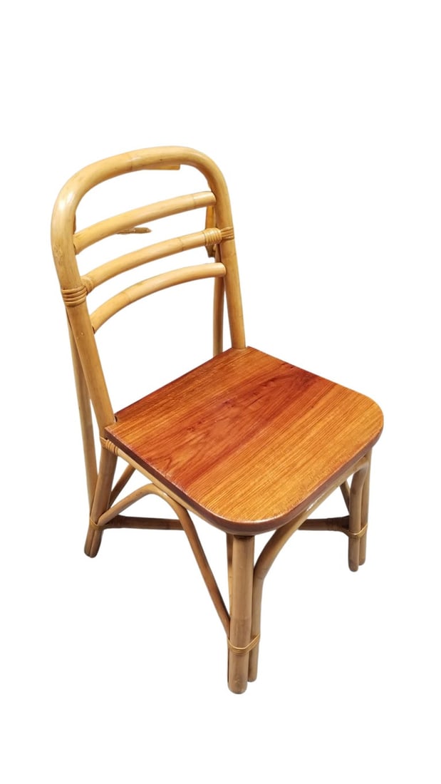 Restored Midcentury Rattan Dining Side Chair with Mahogany Seat, Set of Six - 7